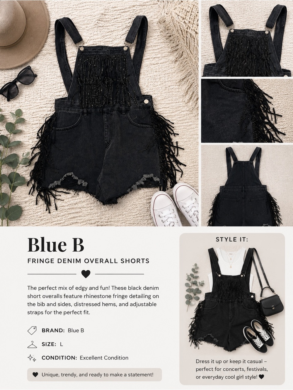 Blue B Black Fringe Denim Overall Shorts - Women's Jumpsuit Romper